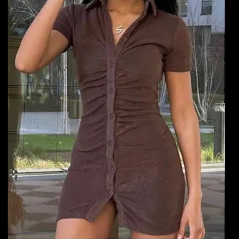 White Fox Boutique Brown Button-Front Ruched Mini Dress